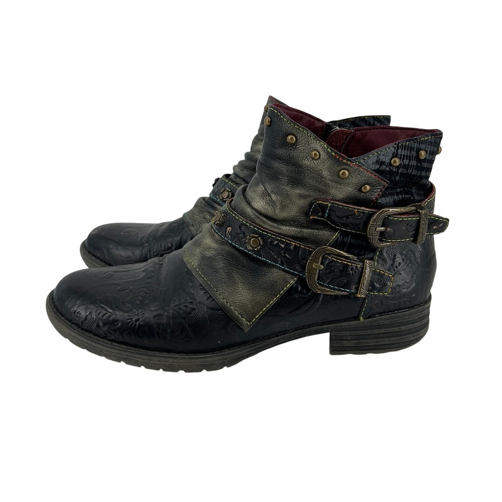 L'Artiste Claudine Ankle Boots 38 Whimsical Leather Boho Floral Embossed Buckle
